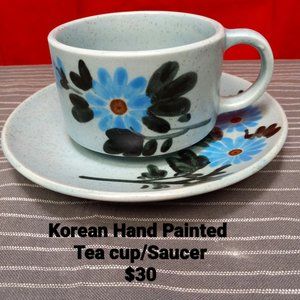 KOREAN HAND PAINTED BLUE SPECKLE SOUP MUG & SAUCER